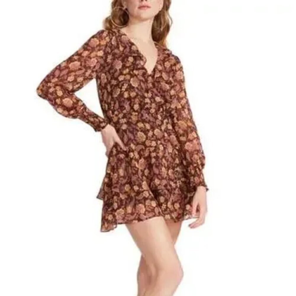 BB Dakota Floral Fall To Be Nice Chiffon Brown Faux Wrap Minidress